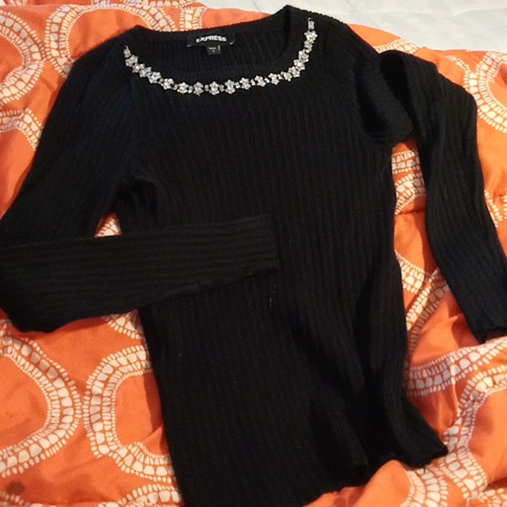 Ladies Express size small black sweater crew neck with rhinestones
